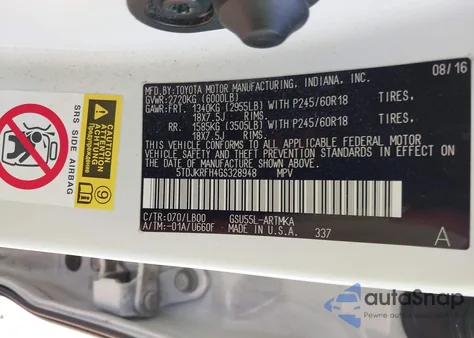 2016 Toyota Highlander Xle V6 from USA, damaged, VIN 5TDJKRFH4GS328948